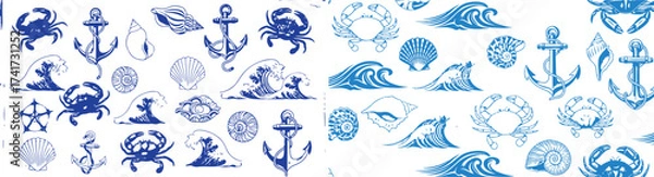Fototapeta Seamless Nautical Marine Pattern with Crabs, Anchors, Waves, and Seashells