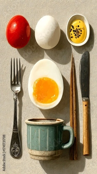 Fototapeta An appetizing breakfast arrangement features a soft boiled egg, tomato, mustard sauce, and coffee, creatively placed with a fork, knife, and chopsticks for a meal choice.
