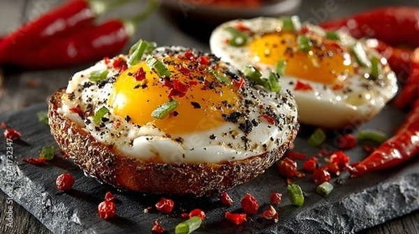 Fototapeta Two fried eggs served on toasted bread are sprinkled with herbs and red pepper flakes on a slate plate for a delicious spicy breakfast or brunch dish.