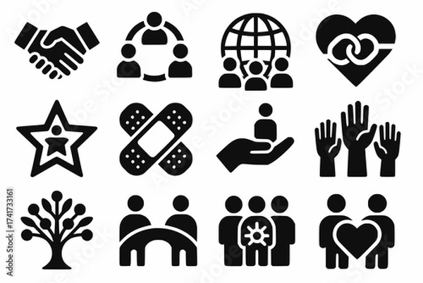 Fototapeta Flat Black and White Icon Set of Human Connection and Cooperation with Bold Shapes