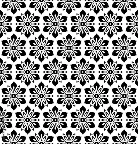 Fototapeta Floral vector black and white ornament. Seamless abstract classic background with flowers. Pattern with repeating elements