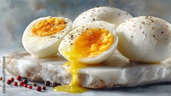 Fototapeta Close-up captures the exquisite texture of several hard boiled eggs, sprinkled with pepper and set on a light marble surface, with a yolk elegantly dripping out.