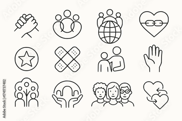 Fototapeta Minimalist Outline Icon Set of Empathy Healing and Community in Consistent Stroke Style