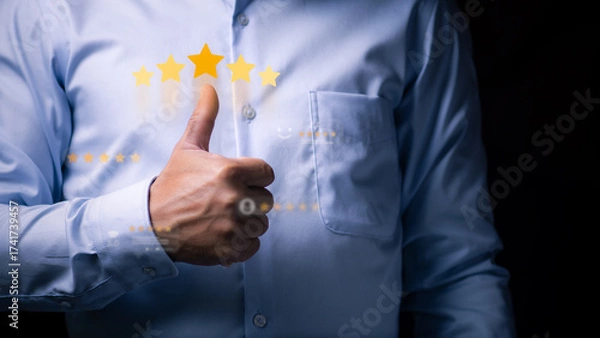 Fototapeta Customer giving a 5-star rating and positive feedback review, thumbs up symbol of satisfaction, online business success, and store reputation