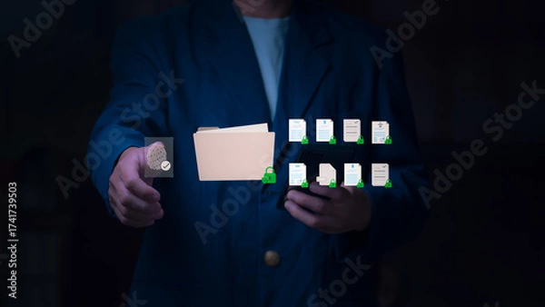 Fototapeta File management and encryption with fingerprint, PIN, or biometric security to protect documents from cyber attacks and ransomware threats