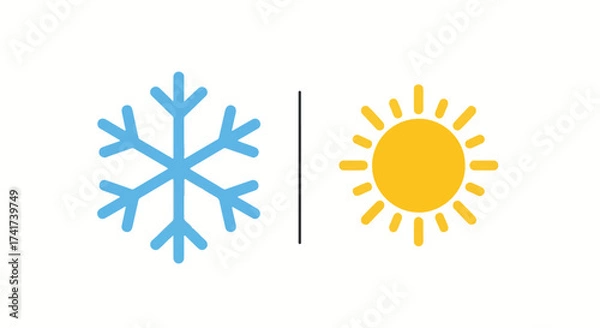 Fototapeta Snowflake and Sun Symbols Representing Cold and Warm Weather Conditions