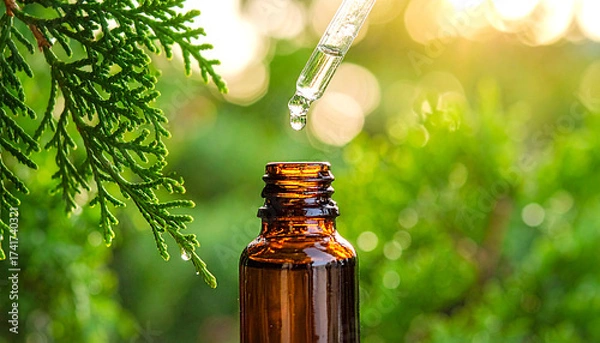 Fototapeta Amber glass bottle with a glass dropper pipette dropping drop of Cypress essential oil, the bottle is amid several cypress leaves tree Cupressus sempervirens, nature background