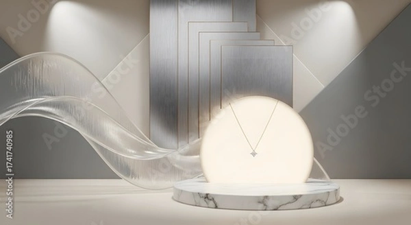 Obraz Luxury 3D product display of a delicate gold diamond necklace on an illuminated sphere podium against a modern abstract background