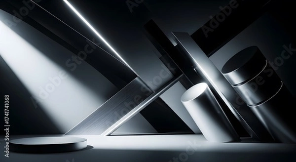 Obraz Modern monochromatic 3D podium with dramatic spotlight on a dark stage featuring abstract metallic geometric shapes for product presentation