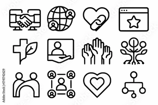 Fototapeta Tech-Inspired Icon Set of Digital Collaboration and Emotional Connection in Black and White