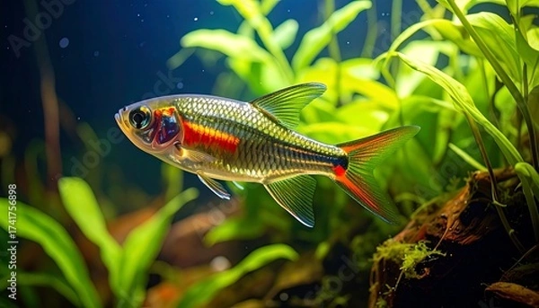 Fototapeta A close-up photograph of a colorful fish swimming in a freshwater aquarium