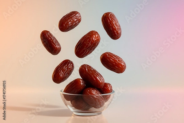 Fototapeta Fresh Medjool dates gracefully falling into a clear glass bowl against a softly lit gradient background, a healthy and delicious snack