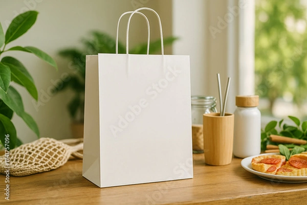 Fototapeta Blank white shopping bag on a wooden table with greenery and food items, perfect for product mockups