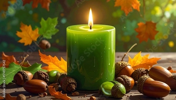 Fototapeta A Glowing Green Candle Amidst Autumn Leaves and Acorns on a Rustic Surface