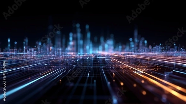 Fototapeta Aerial View of Futuristic City with Glowing Data Streams