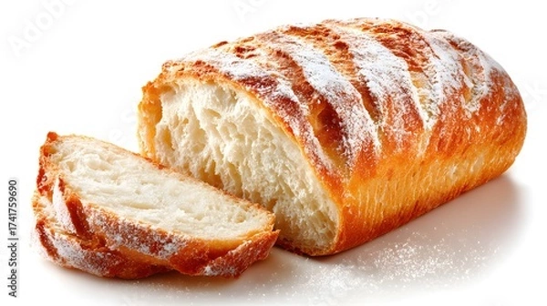 Obraz Freshly baked loaf of bread, partially sliced to reveal soft, fluffy interior, dusted with flour, displayed on a clean white surface with warm golden tones, capturing a delicious texture for culinary.