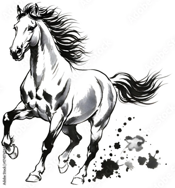Obraz 힘차게 달리는 동양화 풍의 먹물로 그린 말, 일러스트