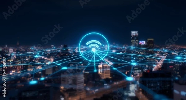 Fototapeta Wireless Internet Connection Over Urban Landscape