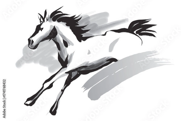 Obraz 筆で描いた走る馬の白黒イラスト