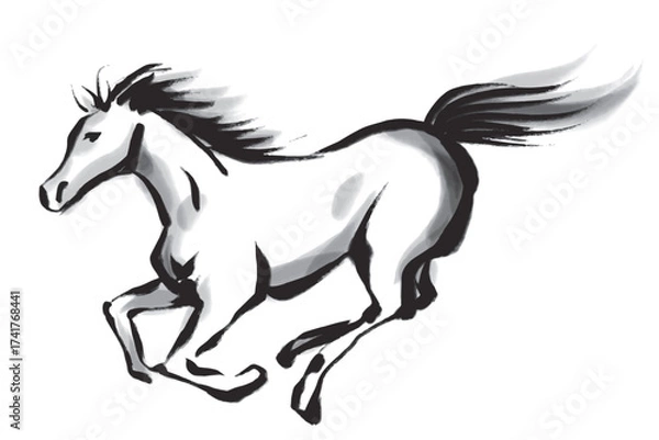 Obraz 筆で描いた走る馬の白黒イラスト
