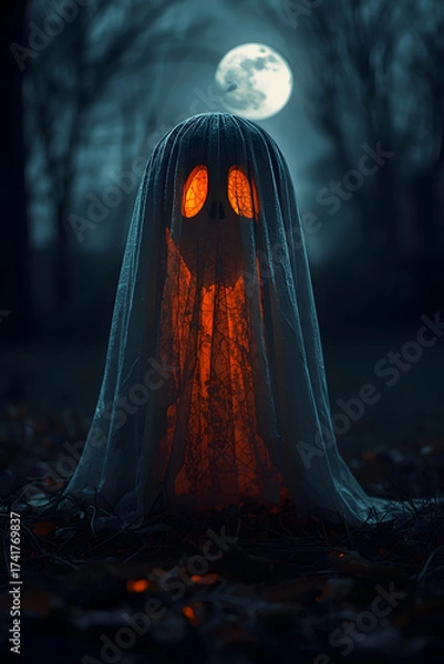 Fototapeta Halloween Ghost Pumpkin Under Full Moon