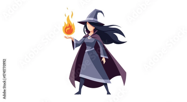 Fototapeta Illustration of a mysterious witch casting a spell with fire in her hand on a white background