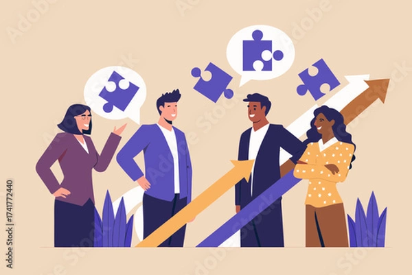 Fototapeta Diverse business team collaborating and solving problems with puzzle pieces and growth arrows