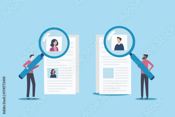 Fototapeta Two people examine resumes and profiles using large magnifying glasses for hiring and recruitment purposes