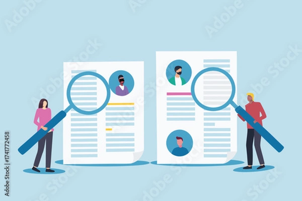 Fototapeta Two people examining resumes with magnifying glasses for hiring and recruitment process
