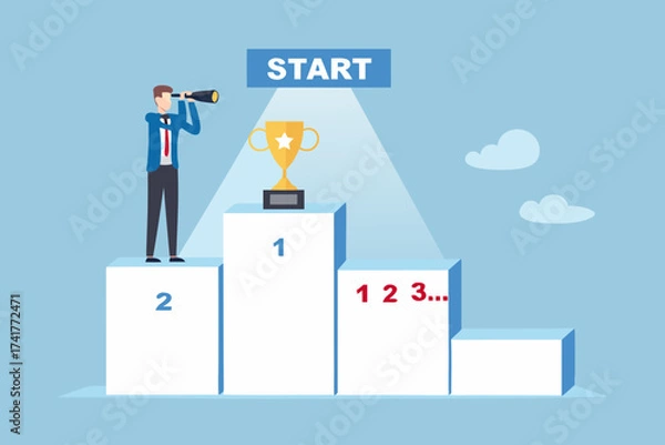 Fototapeta Businessman with telescope looking at start line and trophy on podium symbolizing ambition and success