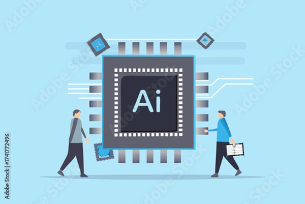 Fototapeta Artificial intelligence chip with people and circuitry illustrating technology and innovation