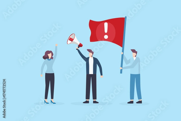 Fototapeta People protesting with a megaphone and a red flag with an exclamation mark symbol