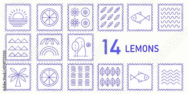 Fototapeta Collection of 14 hand drawn blue line art icons and illustrations on white background with text