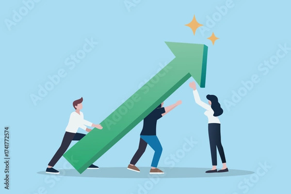 Fototapeta Teamwork and collaboration driving business growth and success with a rising green arrow