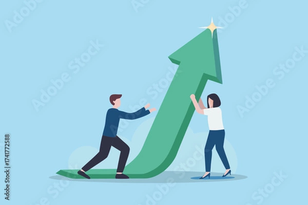Fototapeta Two business people working together to push a green arrow upwards towards success and growth