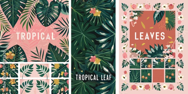 Fototapeta Vibrant tropical leaf patterns and floral designs with text overlays