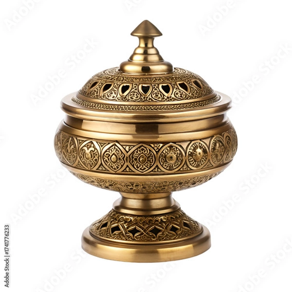Obraz Ornate Golden Decorative Bowl with Intricate Patterns and Lid on Black Background graphic design