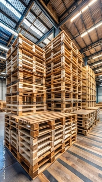 Fototapeta Reclaimed wooden pallets used as a construction material on a industrial warehouse floor