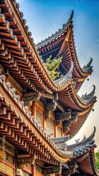 Fototapeta Traditional Chinese building eaves with intricate carvings and ornate details
