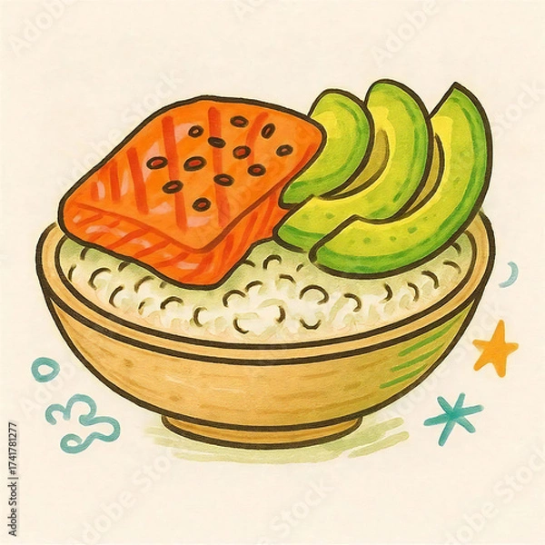 Obraz サーモンとアボカドをご飯の上に盛り付けたライスボウルの手描き風イラスト。彩り豊かな丼料理を描いたベクター素材。健康食やカフェメニュー、デザイン素材に最適