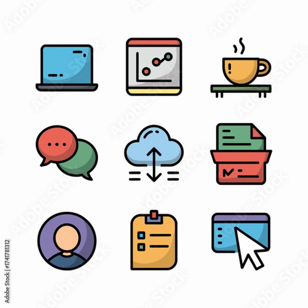 Fototapeta Set of nine flat design icons for business and technology laptop computer