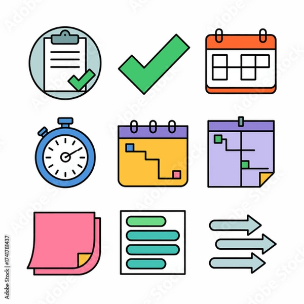 Fototapeta Set of nine flat design icons for planning and time management Keywords: planning, time management, checklist, checkmark, calendar, schedule, stopwatch, timer, timeline, project management, sticky