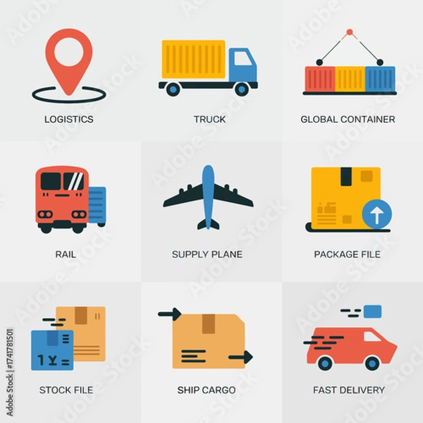 Fototapeta Set of nine flat design icons illustrating logistics and transportation concepts location pin truck