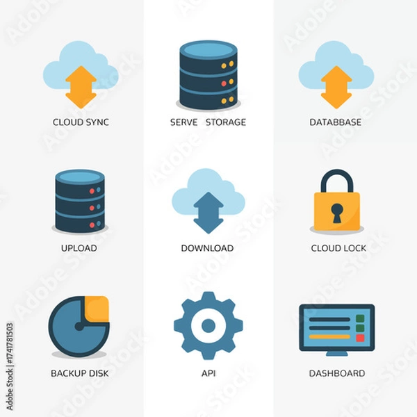 Fototapeta Set of nine flat design icons related to cloud computing and data storage cloud sync server storage