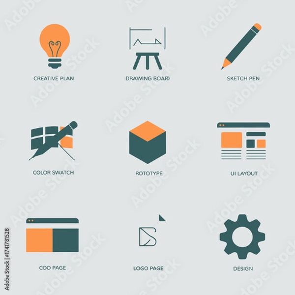 Fototapeta Set of nine flat design icons related to creativity and business planning creative plan drawing board