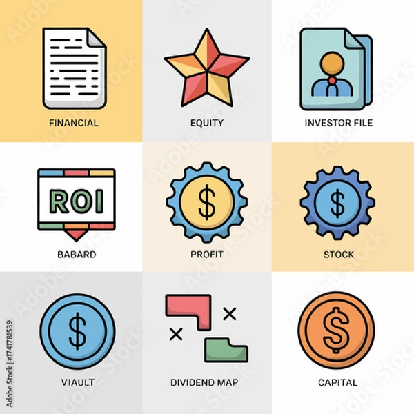 Fototapeta Set of nine flat design icons related to finance, investment, and business growth financial equity
