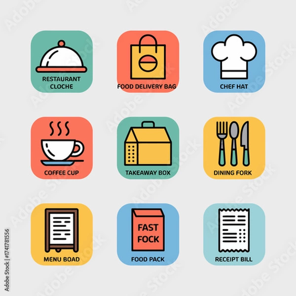 Fototapeta Set of nine flat design icons related to food service and delivery Keywords: restaurant, cloche, food delivery, bag, chef hat, coffee cup, takeaway box, dining fork, menu board, food pack, receipt