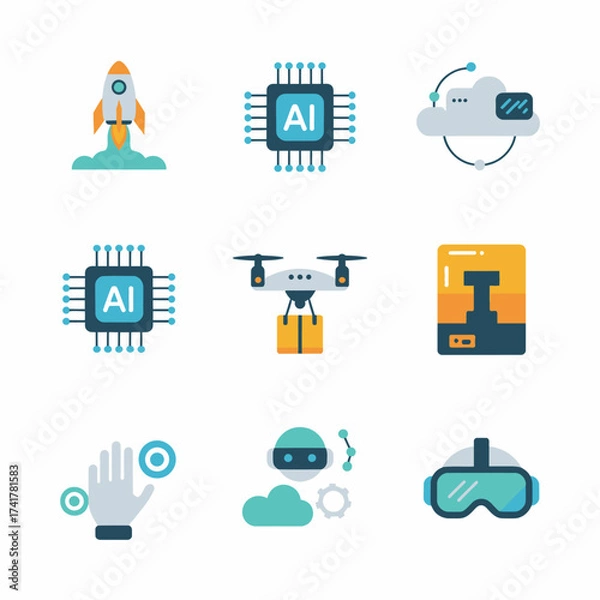 Fototapeta Set of nine flat design icons related to technology and innovation Keywords: rocket, launch, AI chip, artificial intelligence, cloud computing, data, drone, delivery drone, 3D printer, VR