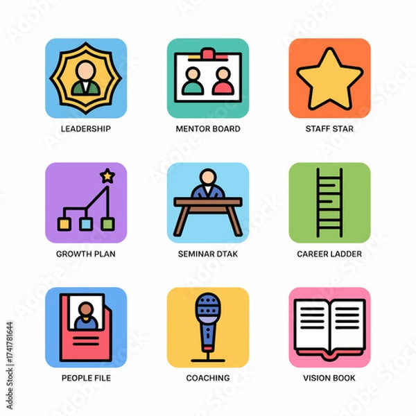 Fototapeta Set of nine flat design icons representing business, career, and personal development concepts leadership