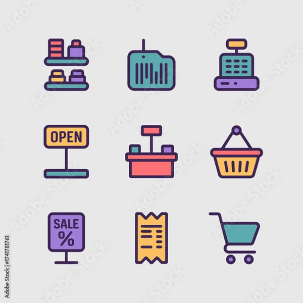 Fototapeta Set of nine flat retail and shopping icons with colorful outlines on a light gray background Keywords: retail, shopping, store, icon, set, flat, design, graphic, illustration, shelf, product